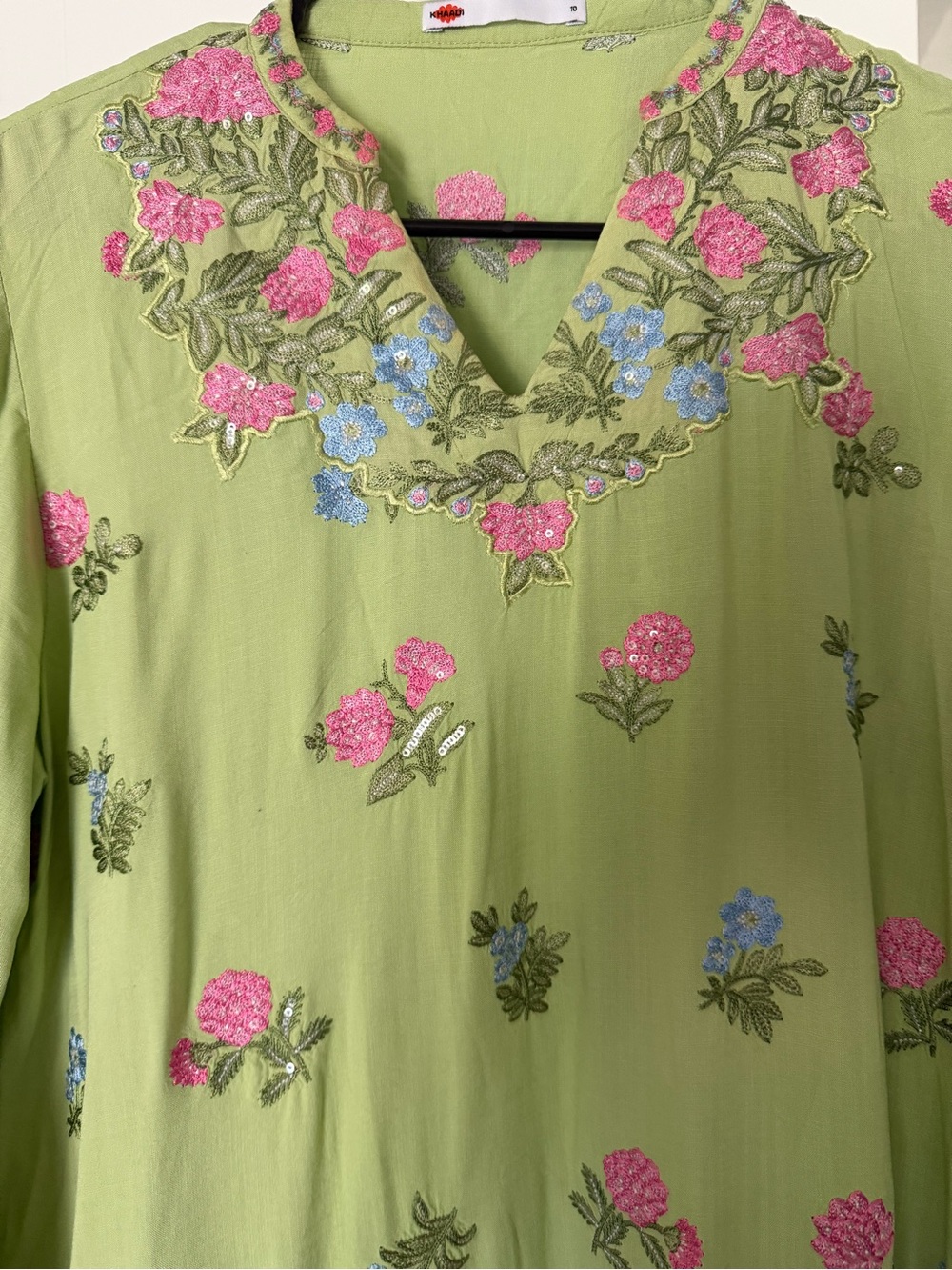 Embroidered V-Neck Women’s suit in Light Green with Pink & Blue Floral Accents